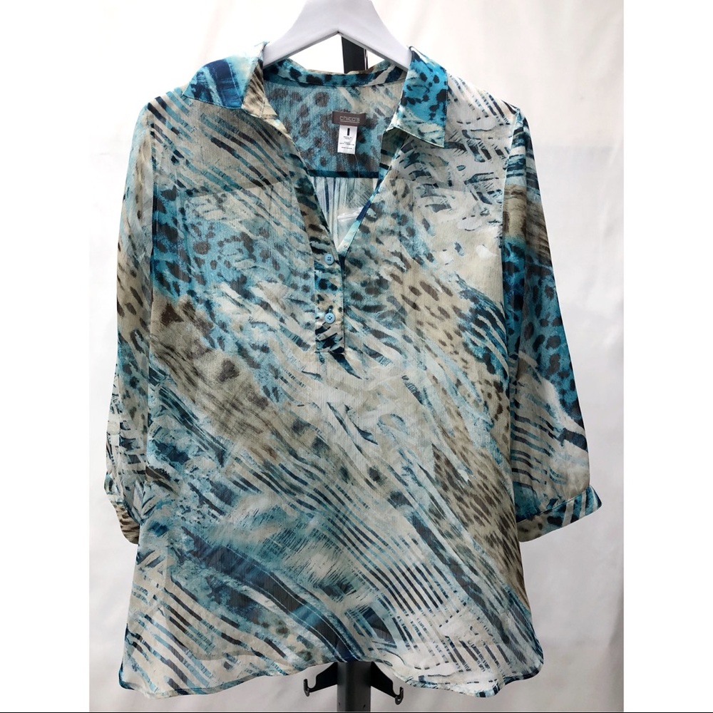 Chico's Blue Cream Animal Print Burnout Blouse - Picture 7 of 15